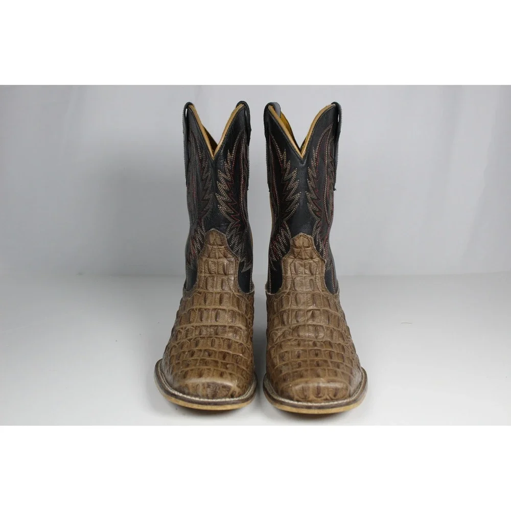 Kids Caiman Print Leather Western Cowboy Boots Black Brown Square Toe Size 2.5
